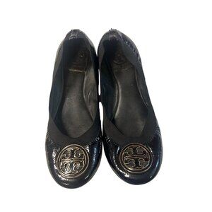 Tory Burch Womens Black Leather Ballet Flats Size  6 With Gold Logo Detailing